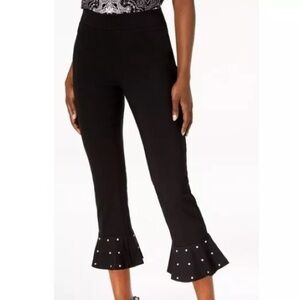 NWT INC Womens Black Ponte Studded Ruffled Hem Capri Pants Size 6